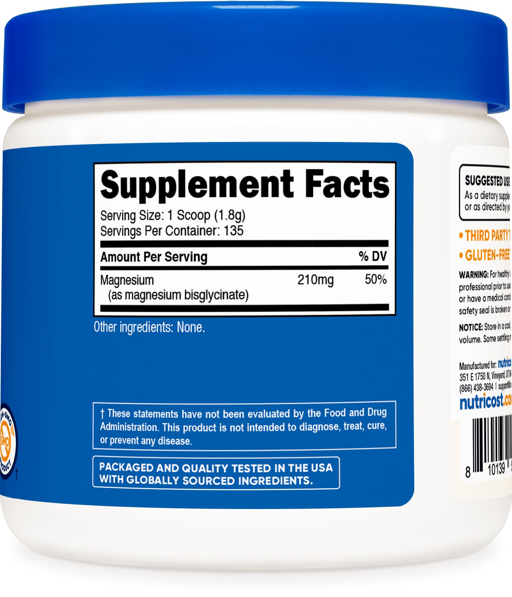 Nutricost label and certifications close-up showing manufacturing quality assurances