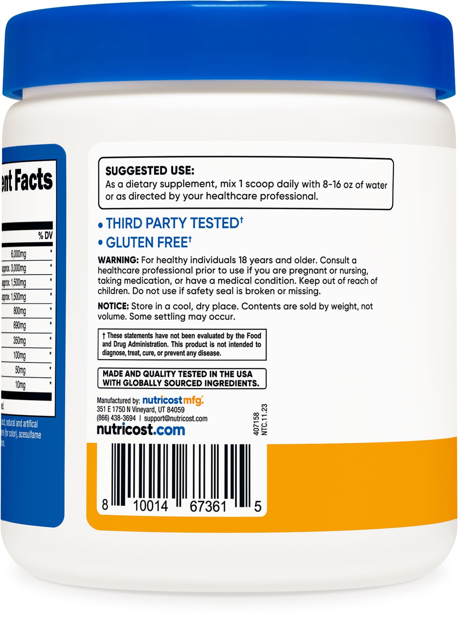 Nutricost label close-up showing ingredient panel and quality testing