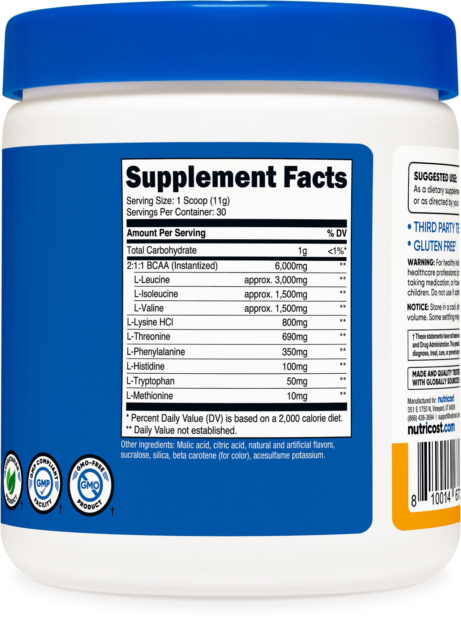 Nutricost POG label and ingredient panel highlighting full EAA profile and quality testing