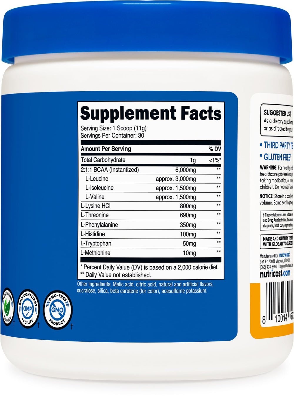 Nutricost POG label and ingredient panel highlighting full EAA profile and quality testing