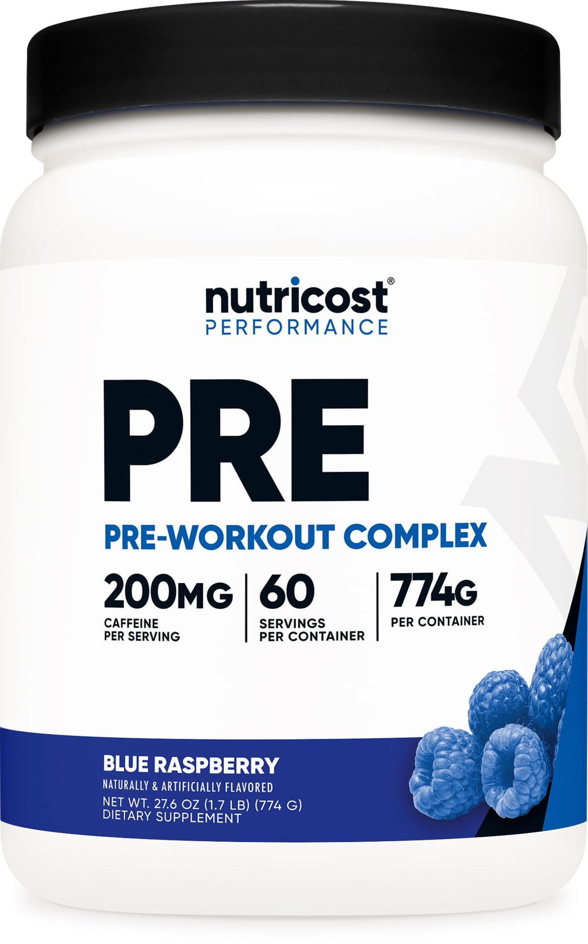 Nutricost tub front label showing product name and blue raspberry flavor for clear identification