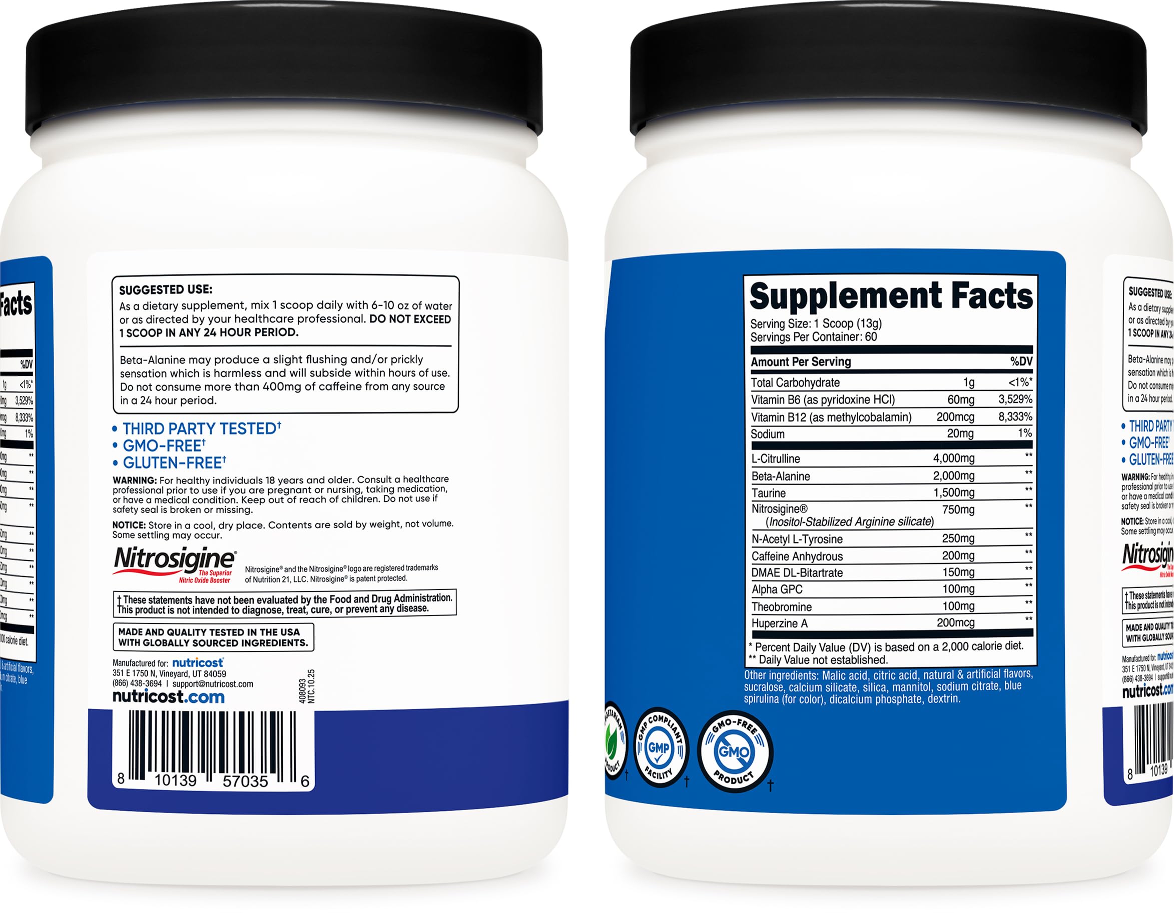 Glass of mixed Nutricost pre-workout blue raspberry showing vibrant color and easy mixing