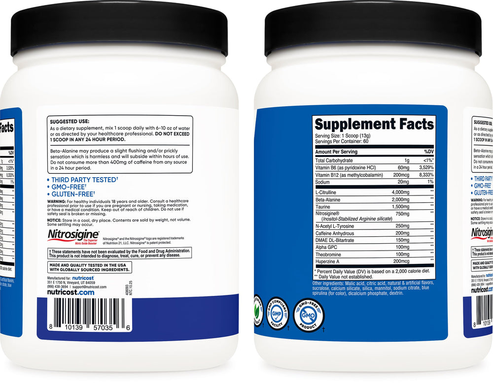 Glass of mixed Nutricost pre-workout blue raspberry showing vibrant color and easy mixing