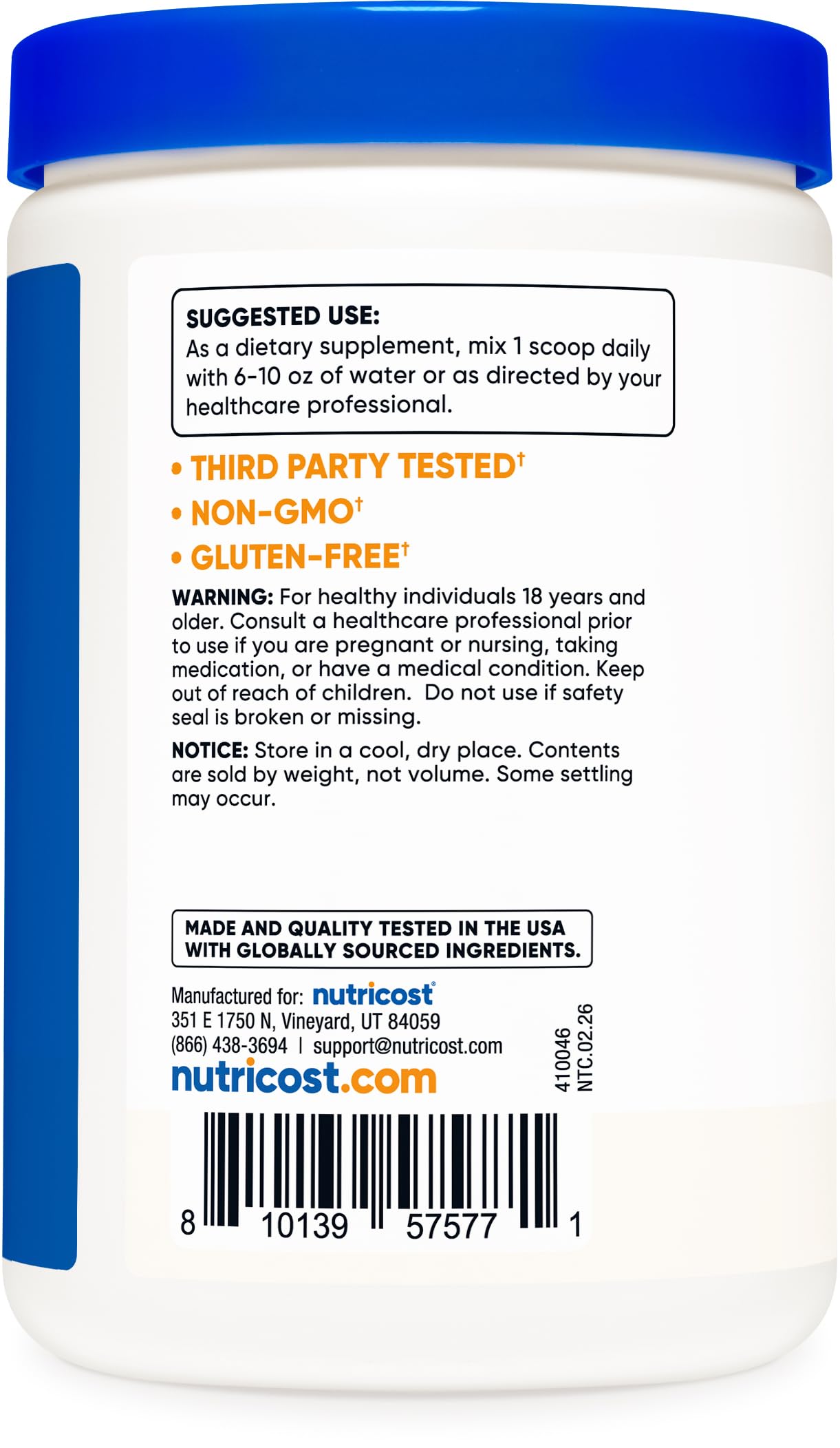 Nutricost label and certifications highlighting gluten-free and GMP quality