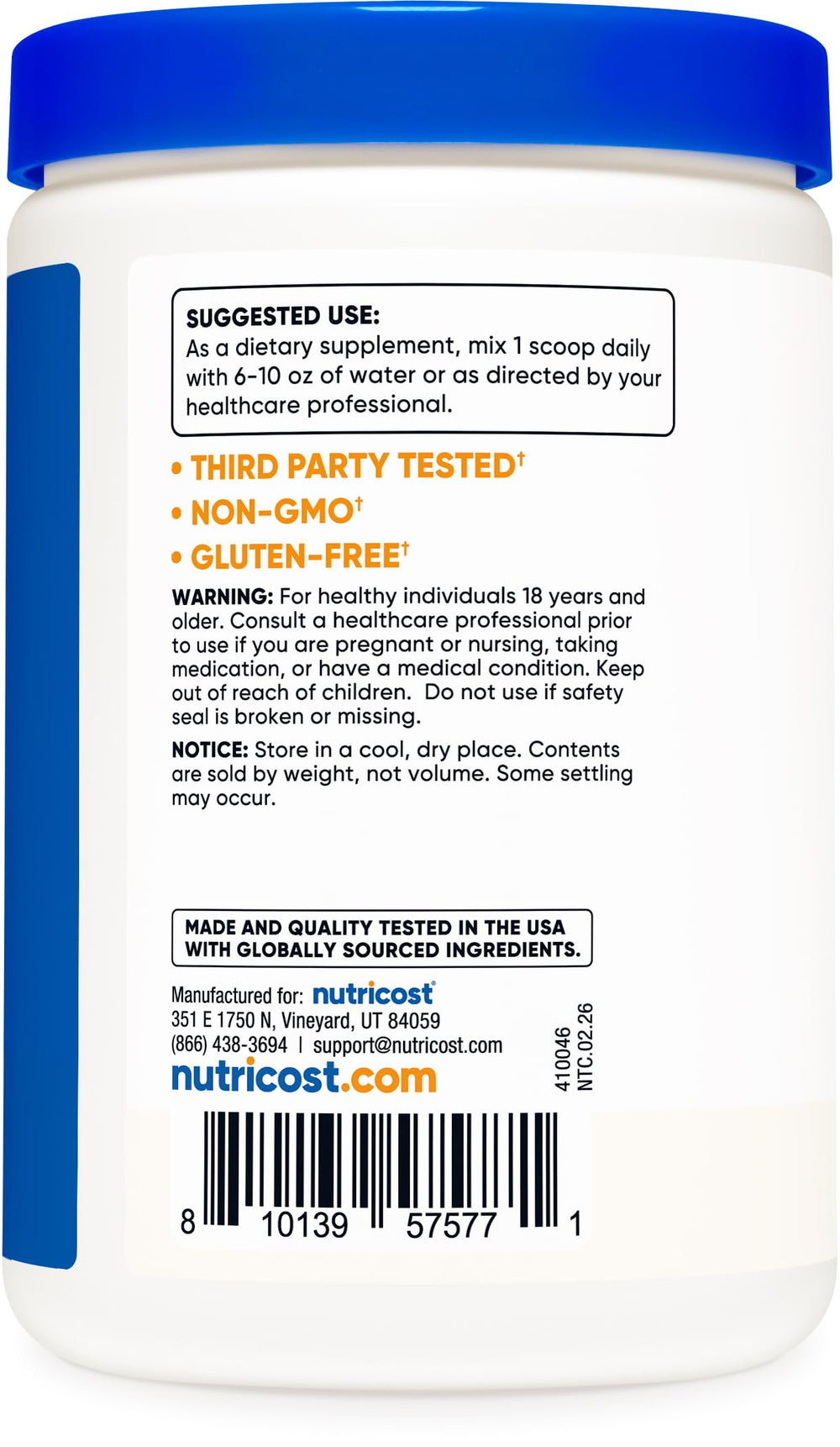 Nutricost label and certifications highlighting gluten-free and GMP quality