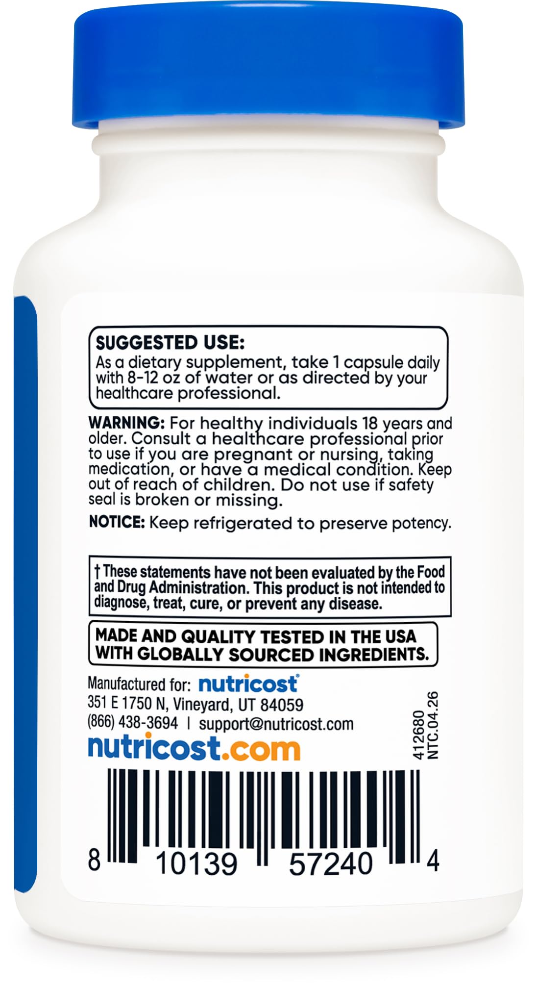 Nutricost capsule next to ruler showing scale and clear serving-size information