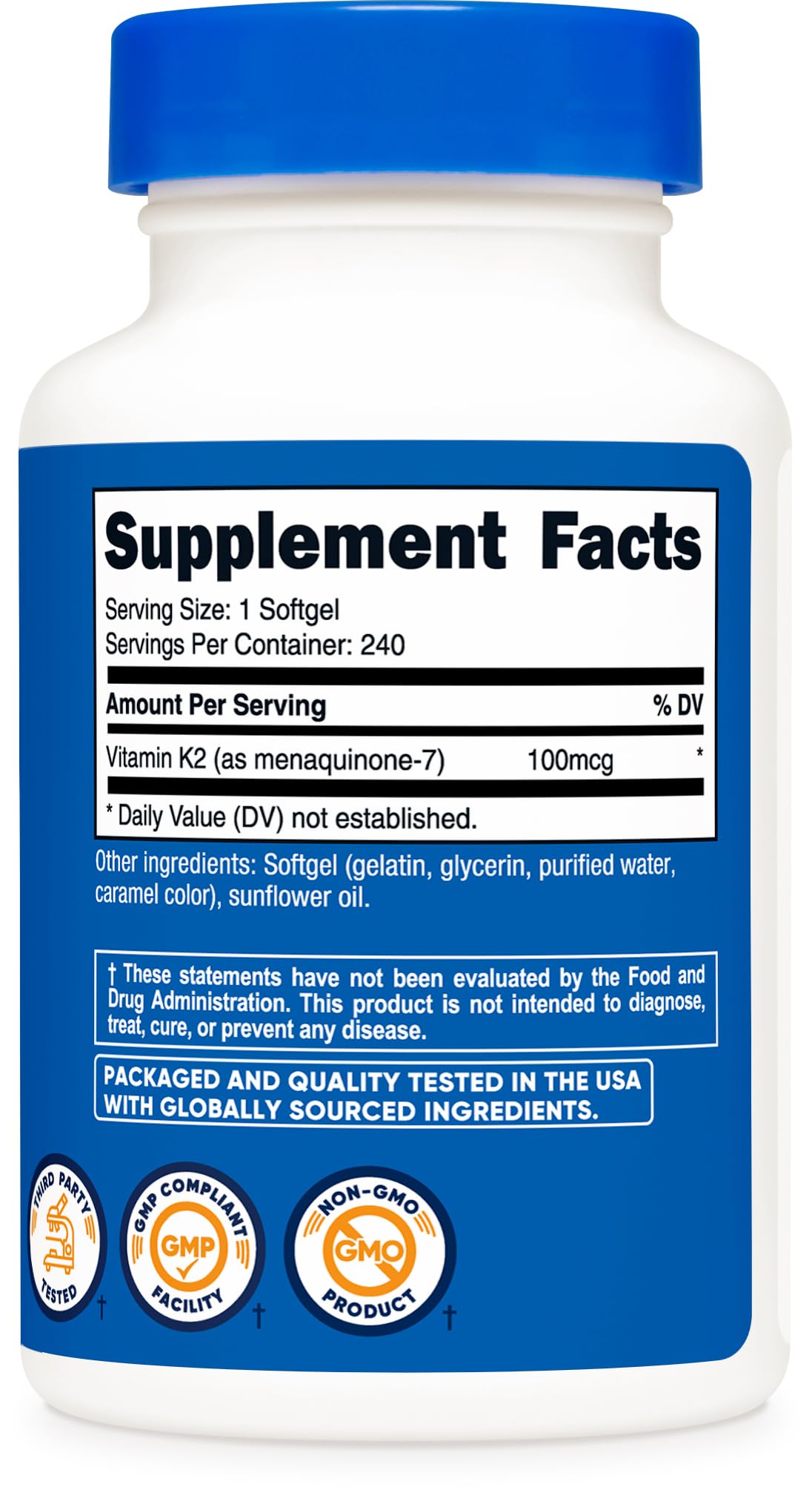 Nutricost bottle beside ruler for scale showing 240‑softgel supply advantage