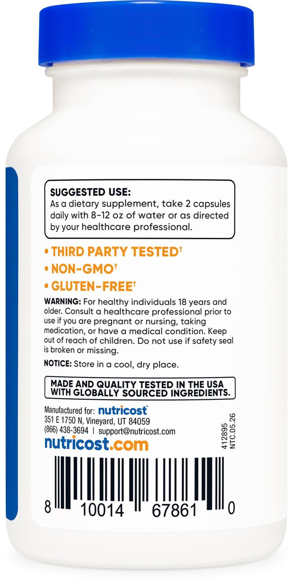 Nutricost label close detail displaying 200:1 extract and BioPerine for ingredient transparency