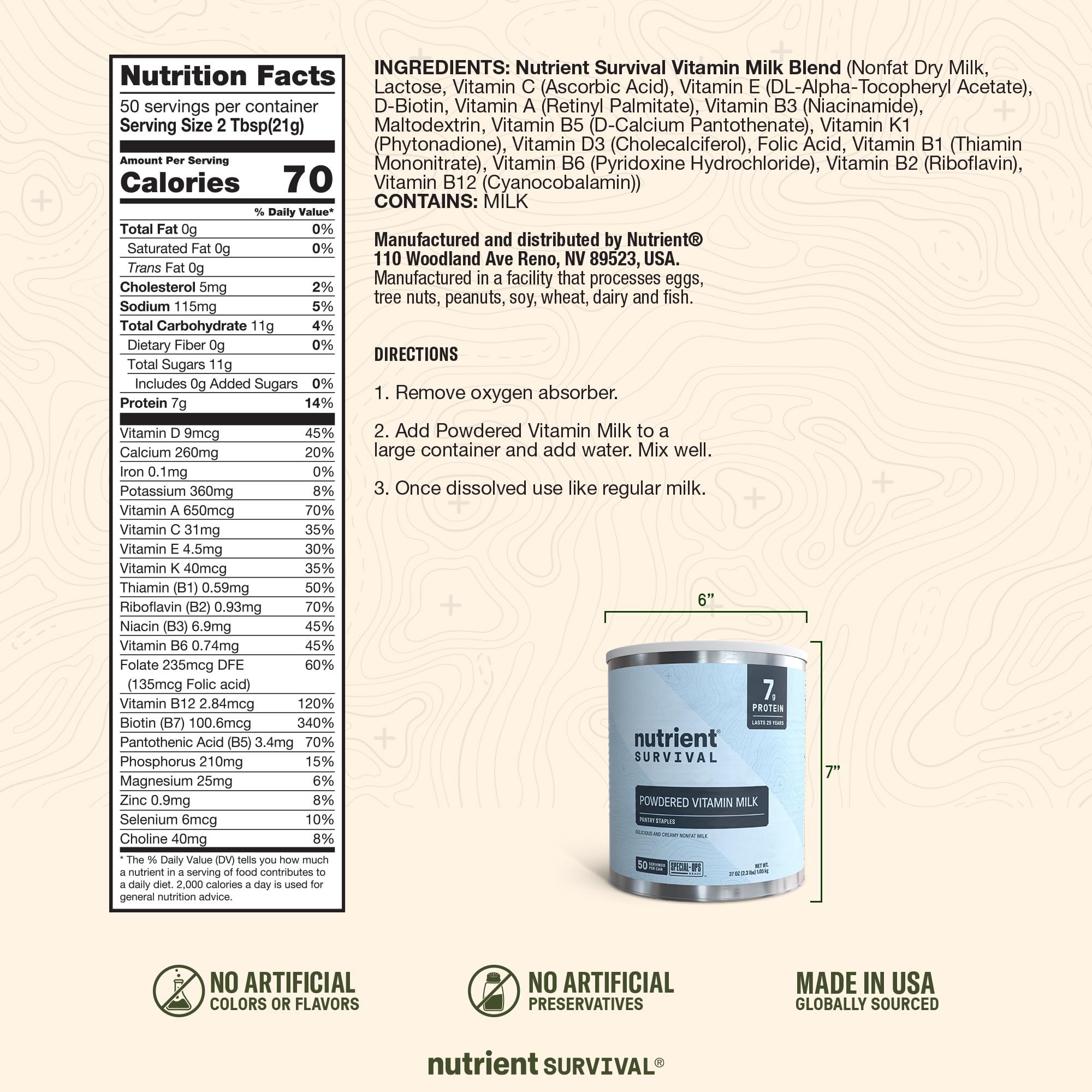 Nutrient Survival open can with fine powder illustrating long shelf life benefit