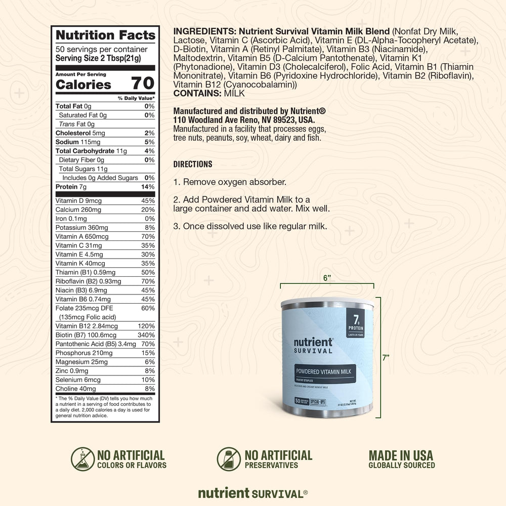 Nutrient Survival open can with fine powder illustrating long shelf life benefit