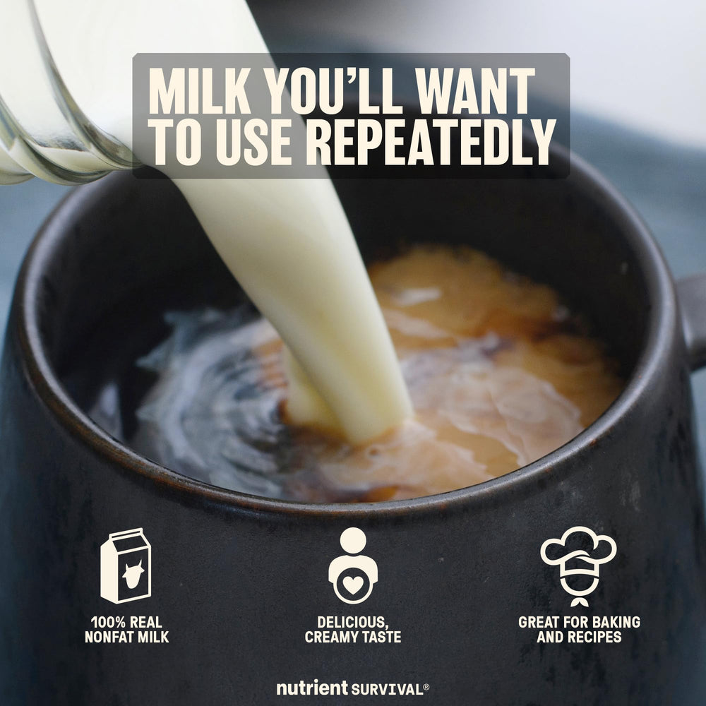 Nutrient Survival metal scoop with powder showing easy portioning benefit