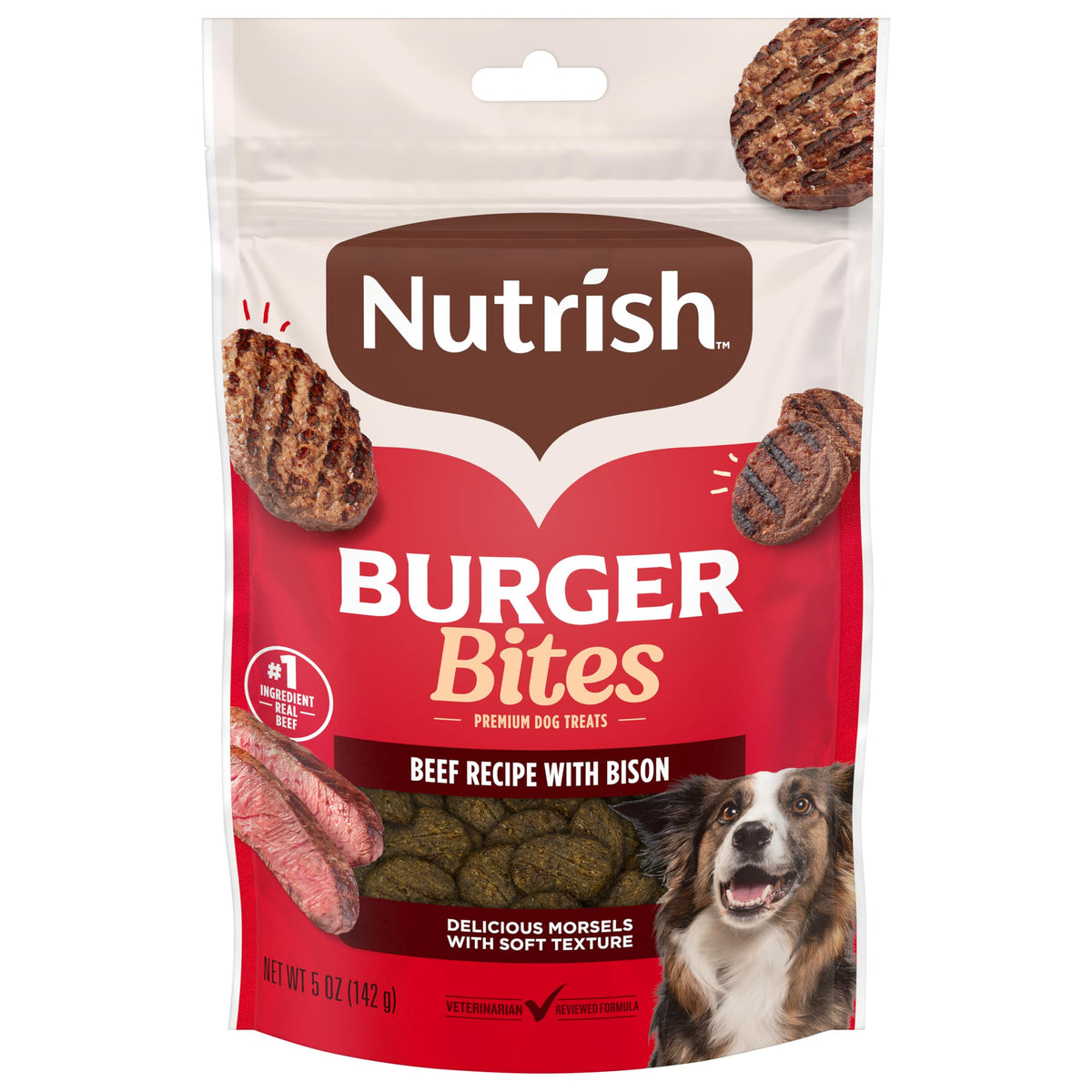 Nutrish front pouch showing beef recipe and resealable benefit