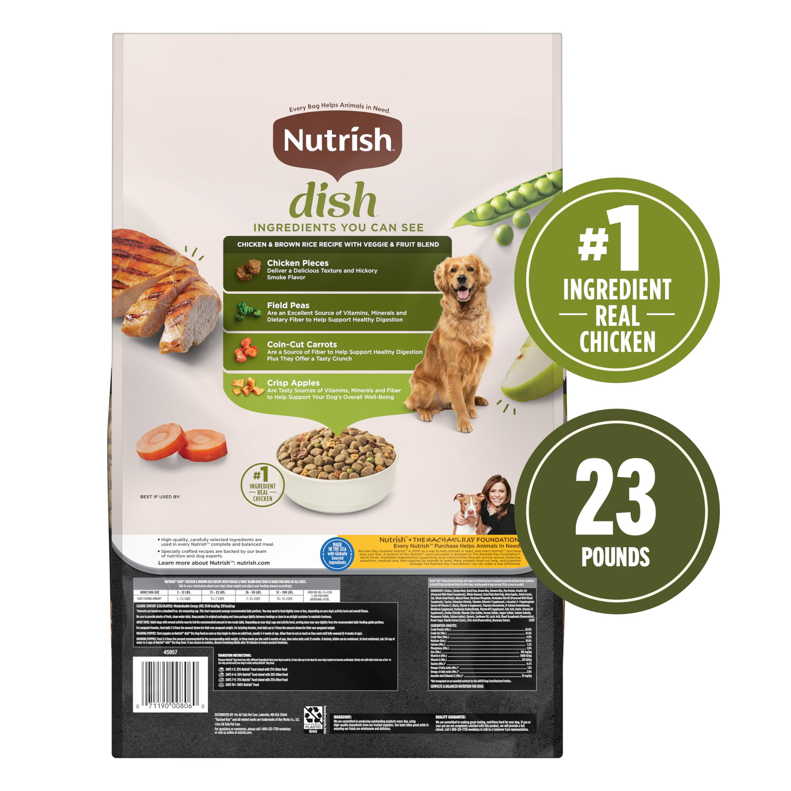 Nutrish dried chicken pieces visible for high-protein appeal
