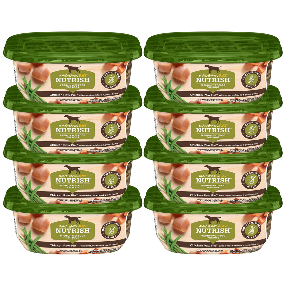 Nutrish front packaging showing chicken paw pie tubs and brand trust