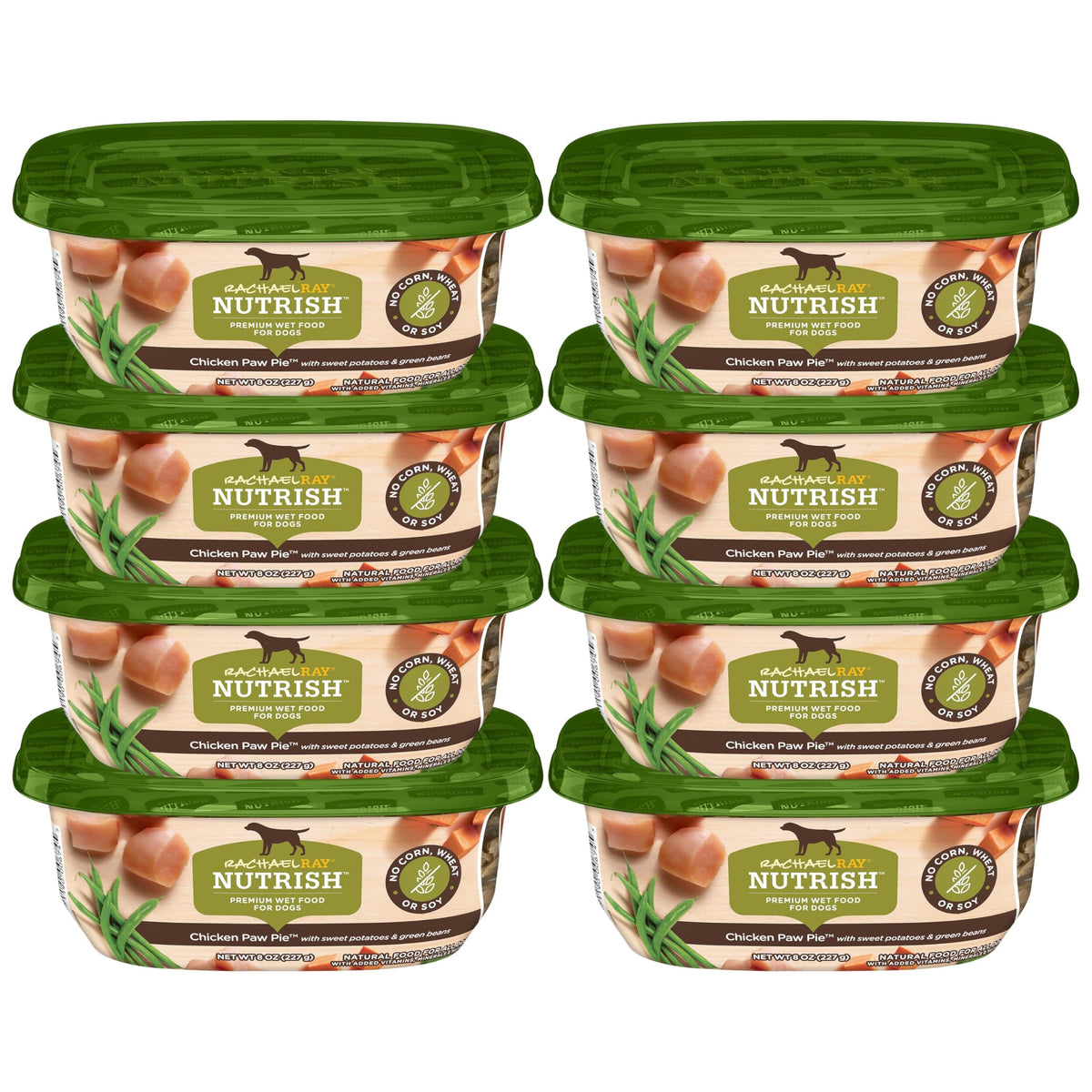 Nutrish front packaging showing chicken paw pie tubs and brand trust