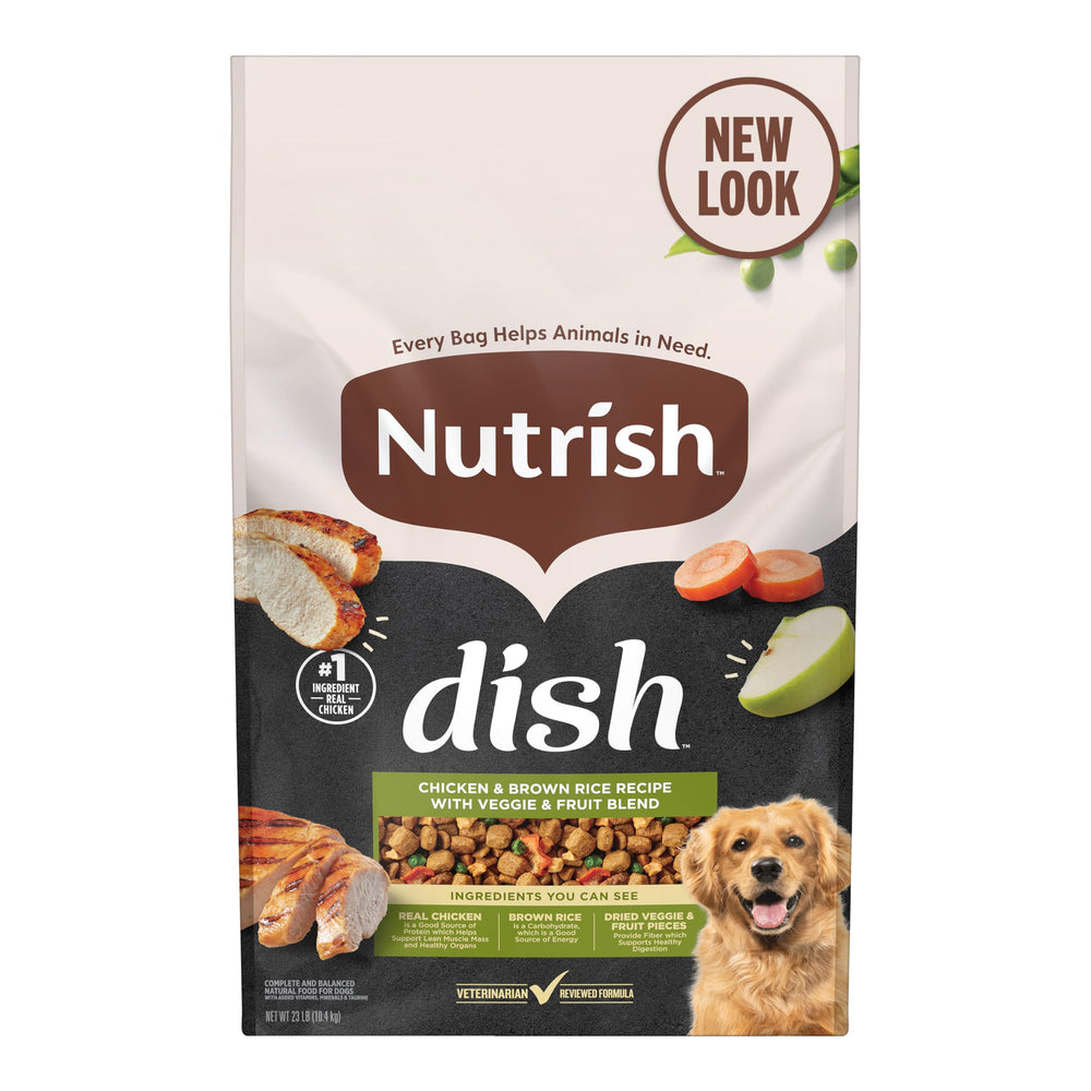 Nutrish front packaging showing 23 lb bag and recipe benefits