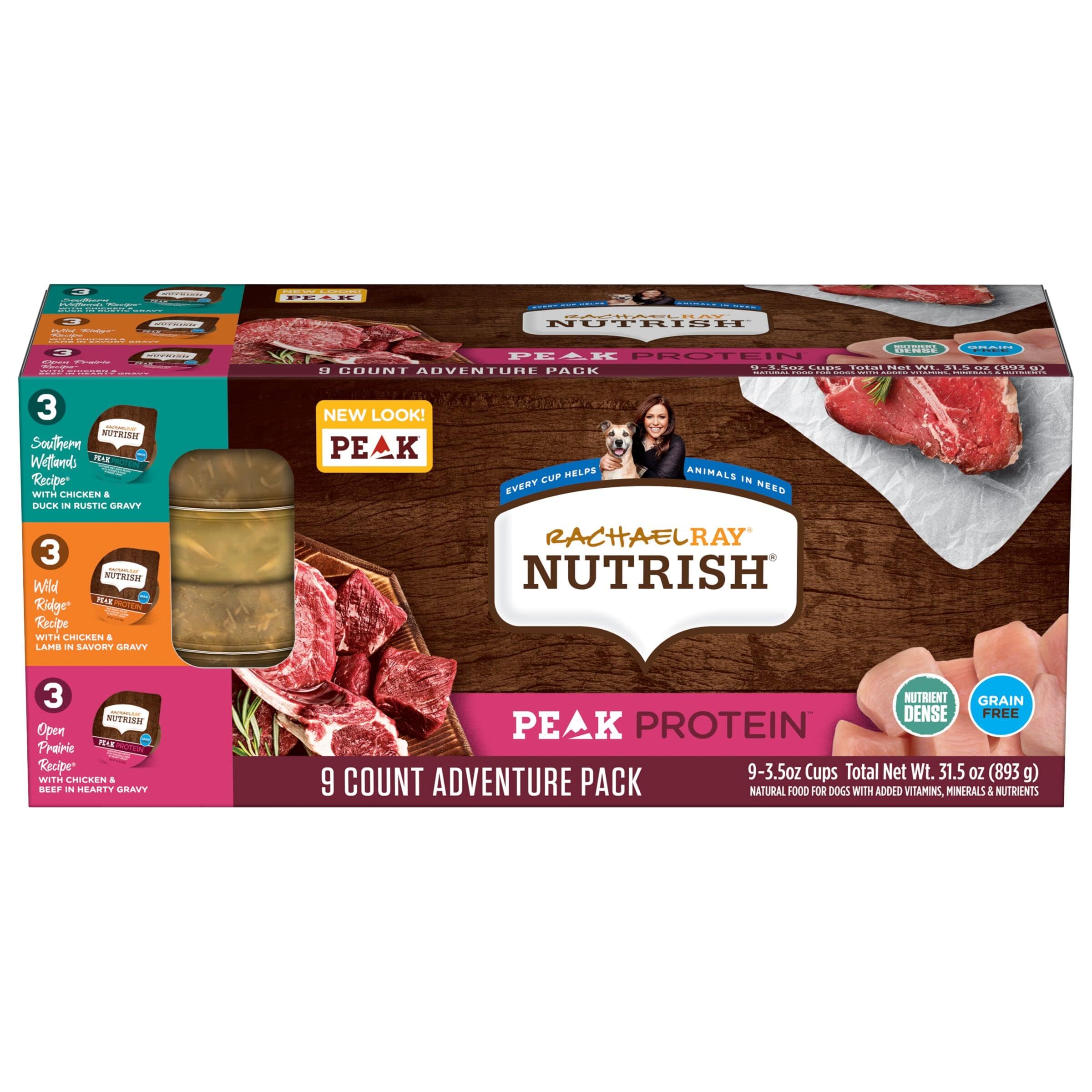Nutrish front packaging showing variety pack and high-protein benefit