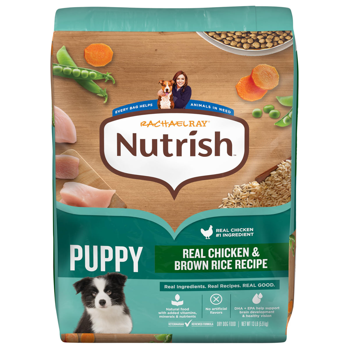 Nutrish front packaging showing 13 lb bag and clear product identity benefit clarity