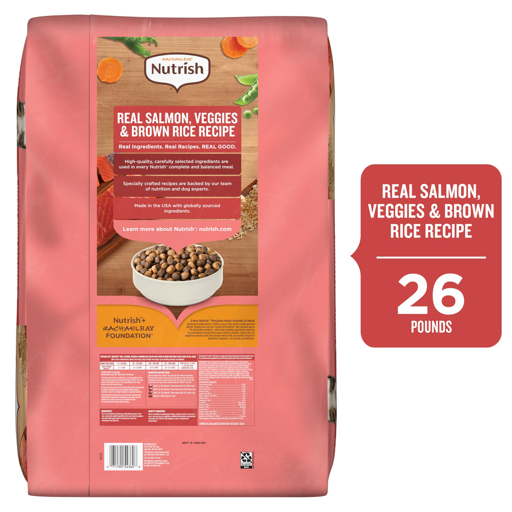 Nutrish ingredients display: salmon, vegetables and brown rice benefit: visible real ingredients