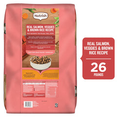 Nutrish ingredients display: salmon, vegetables and brown rice benefit: visible real ingredients
