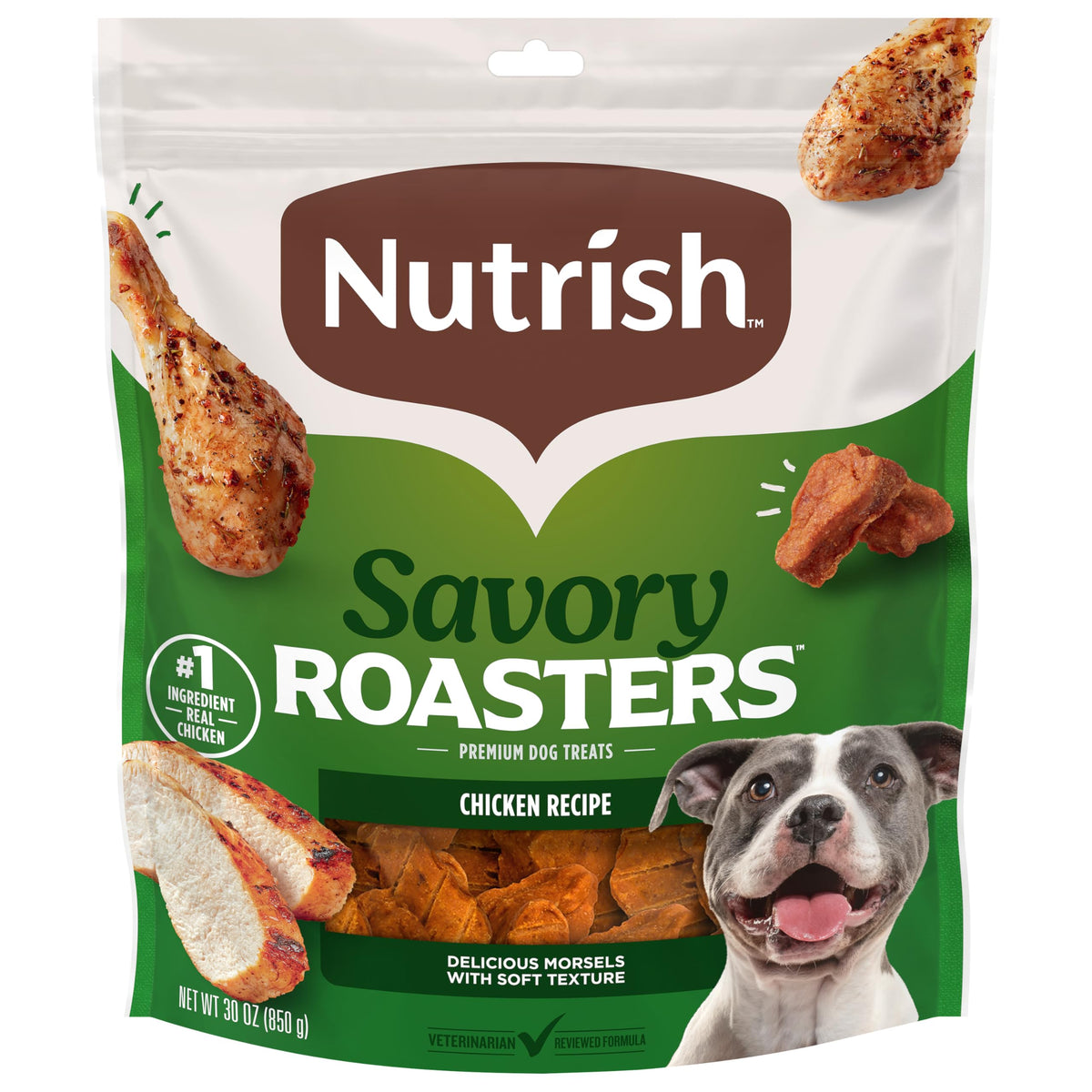 Nutrish front pouch showing 30 oz size and chicken-first benefit