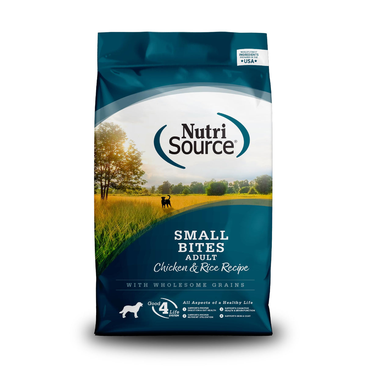 NutriSource front packaging showing 12 lb bag and small-bites benefit