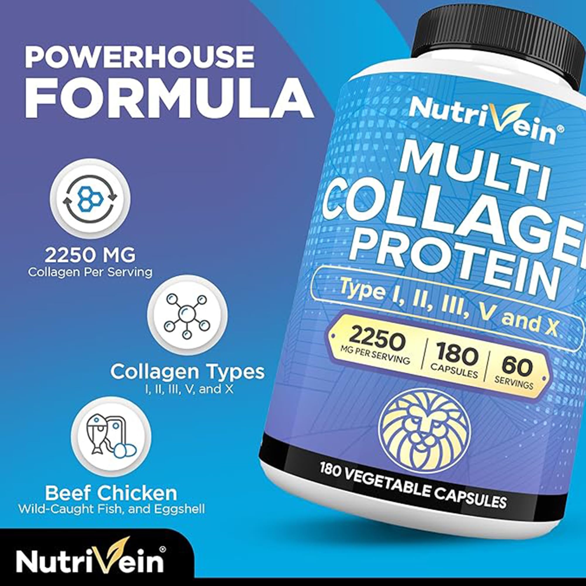 Nutrivein ingredient collage of beef chicken fish eggshell showing diverse sources