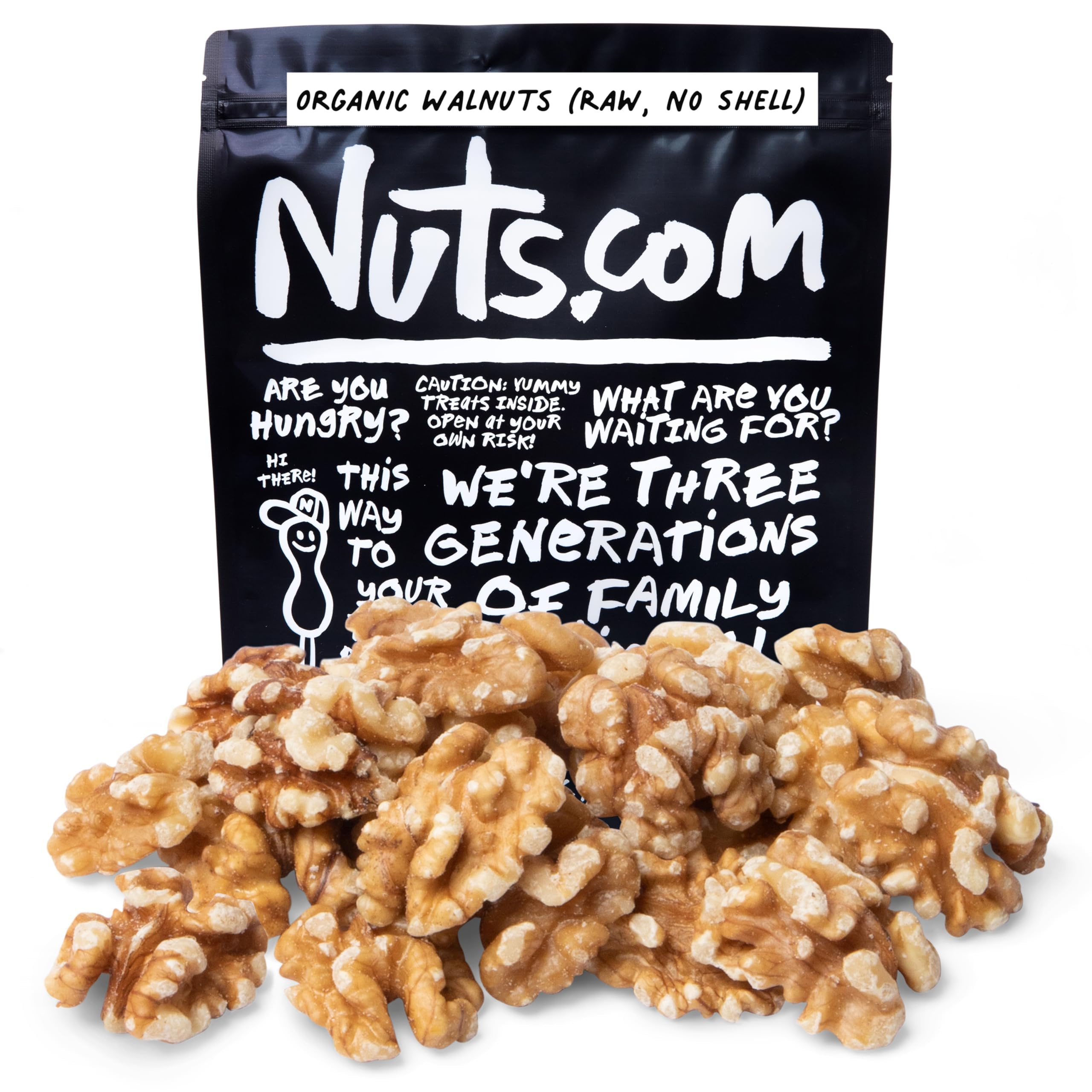 Nuts.com front of 2 lb bag showing organic walnuts and resealable benefit