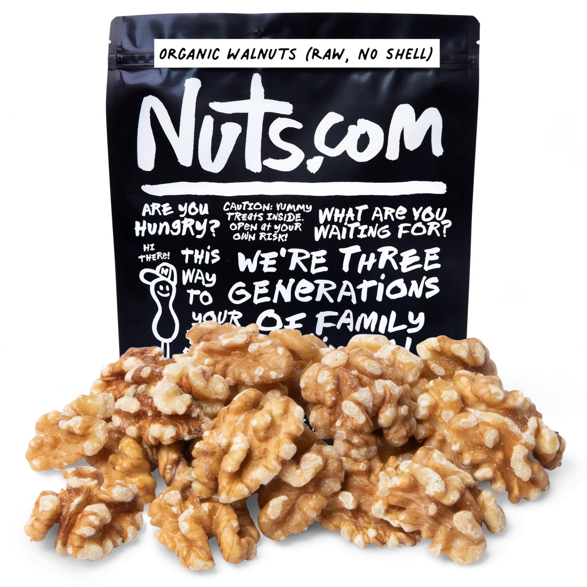 Nuts.com front of 2 lb bag showing organic walnuts and resealable benefit