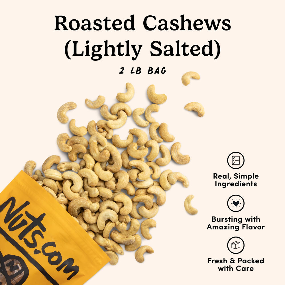 Close-up of roasted cashew texture showing creamy kernels and crunchy roast benefit from Nuts.com