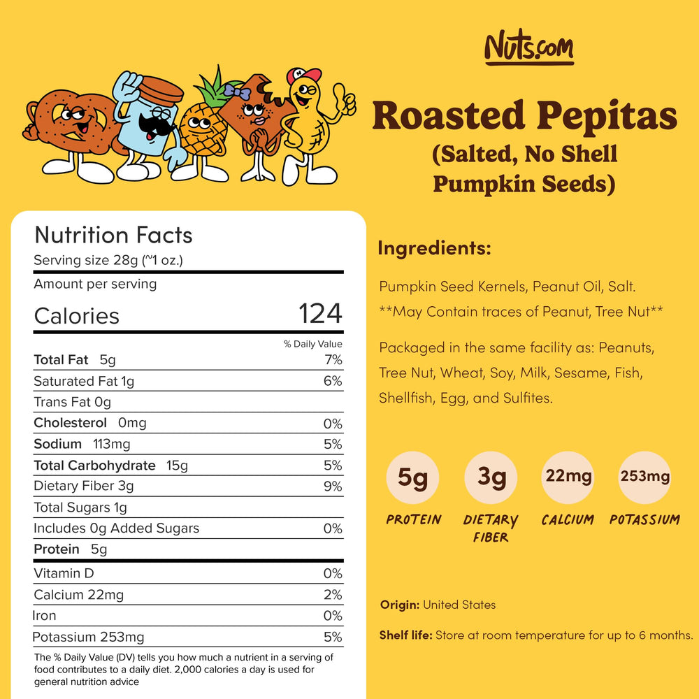 Close-up texture of Nuts.com roasted pepitas highlighting crunchy roasted finish and flavor