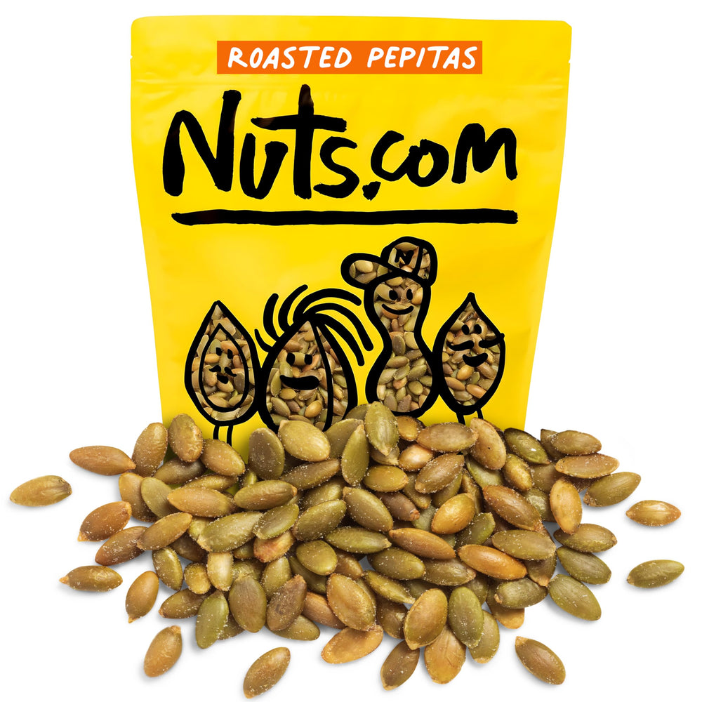 Nuts.com front packaging of 2 lb roasted pepitas showing product label and size benefit