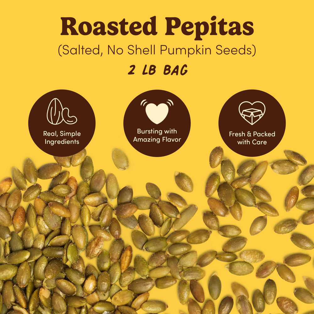 Scale and 2 lb bag of Nuts.com pepitas illustrating quantity and value