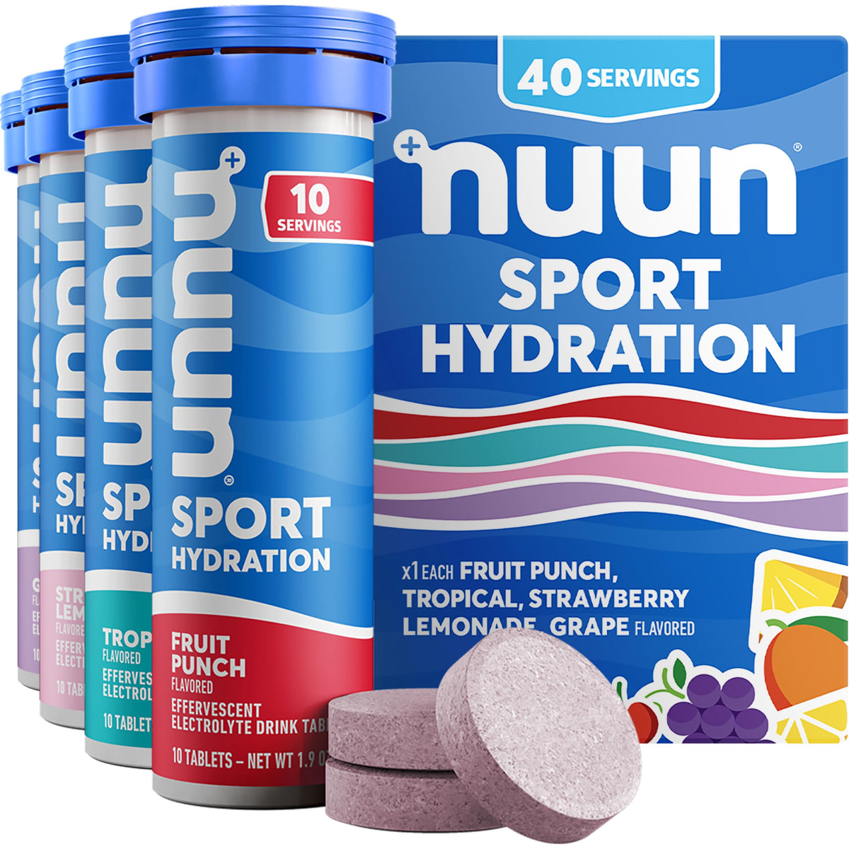 Nuun front packaging mixed flavors showing tubes and vibrant labels for easy selection and portability
