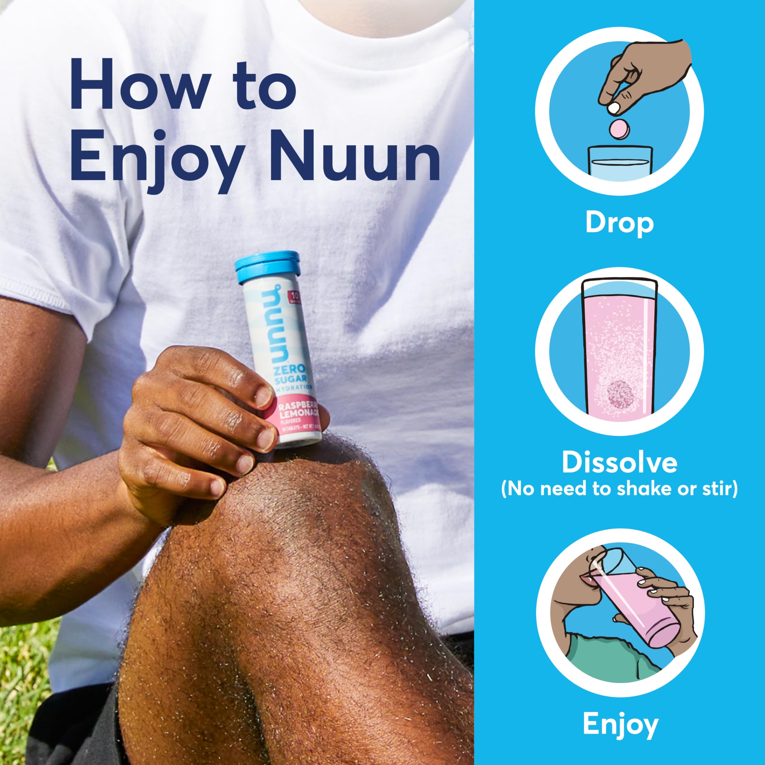 Person walking outdoors holding Nuun tube, portrays easy everyday hydration on-the-go