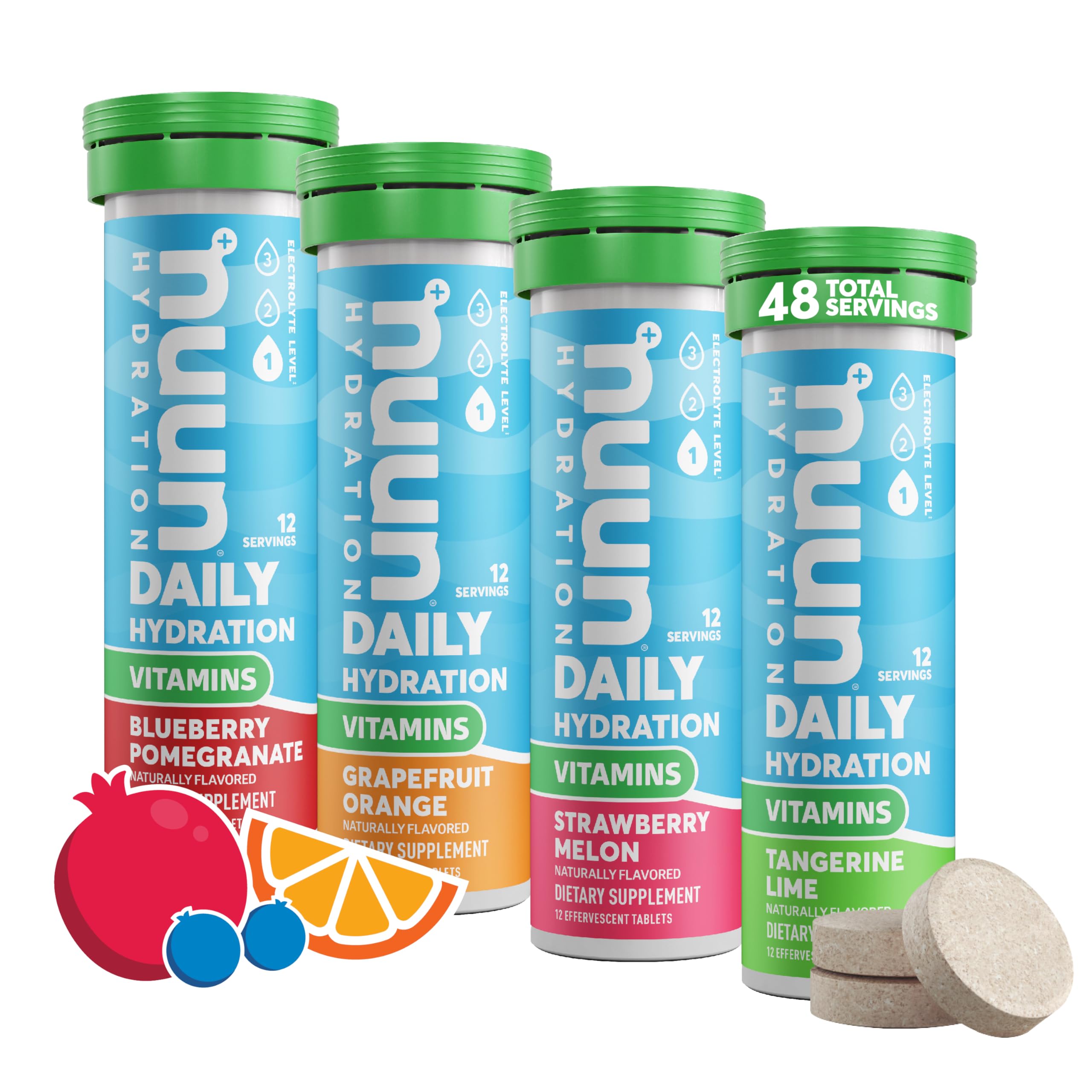 Nuun mixed fruit front packaging showing four flavor tubes and benefits