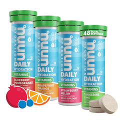 Nuun mixed fruit front packaging showing four flavor tubes and benefits