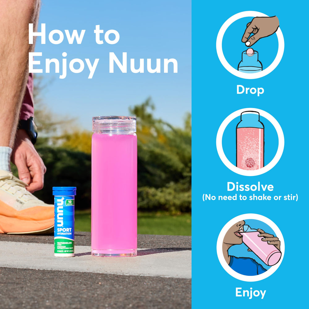 Nuun tablet next to water bottle for scale, brand clear serving size guidance