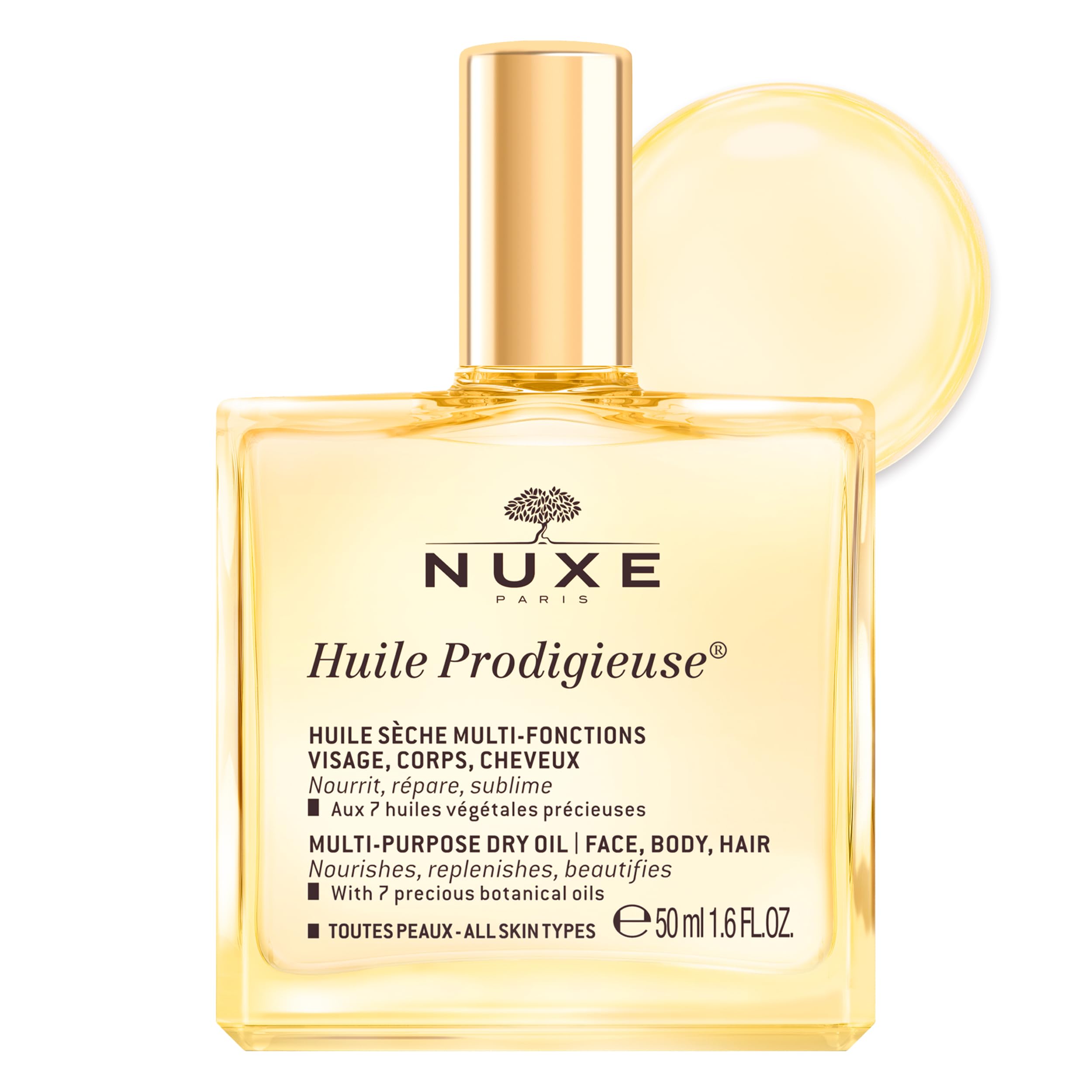 Nuxe bottle front view showing elegant packaging and travel-ready size