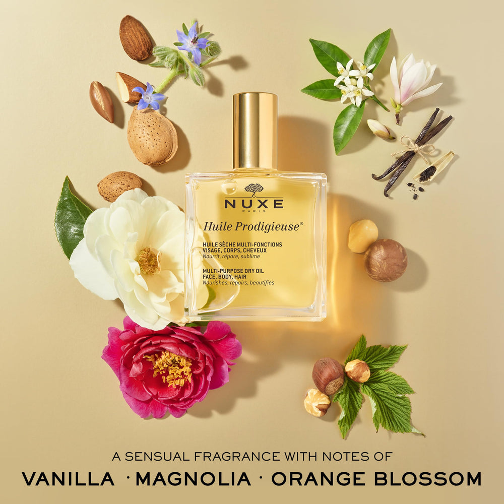 Nuxe label close-up highlighting botanical blend and natural origins