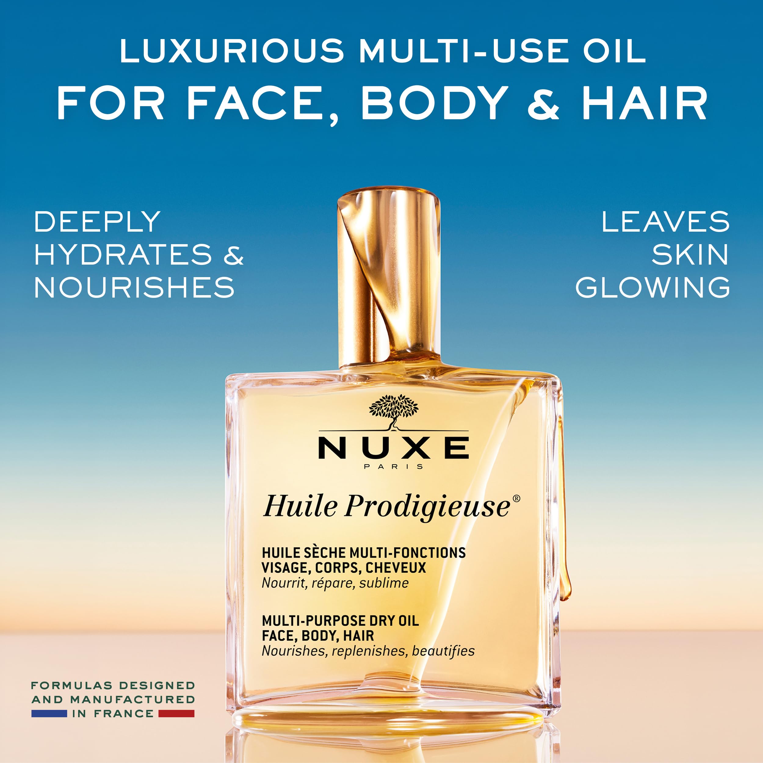 Nuxe bottle with open cap showing dispensing for precise application