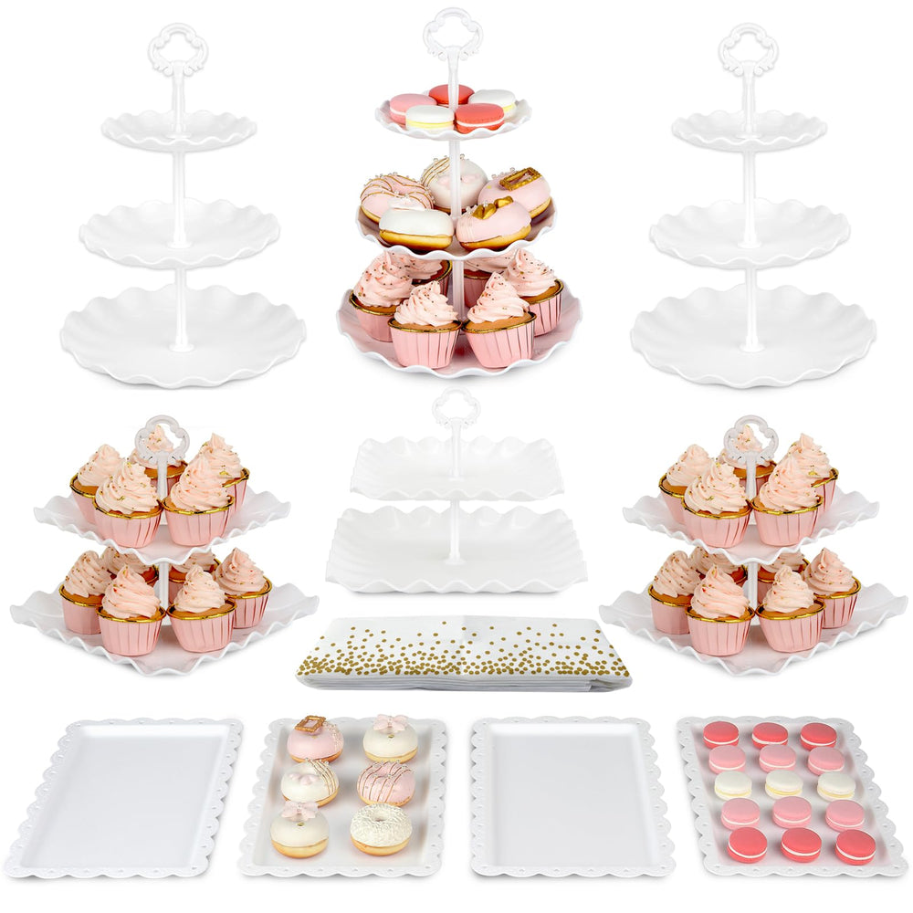 NWK front view of the white cake stand set showing all pieces and neat storage benefit