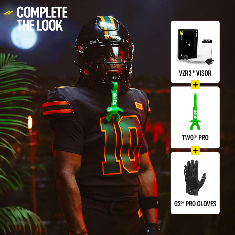Nxtrnd mouthguard beside helmet showing size and scale convenience