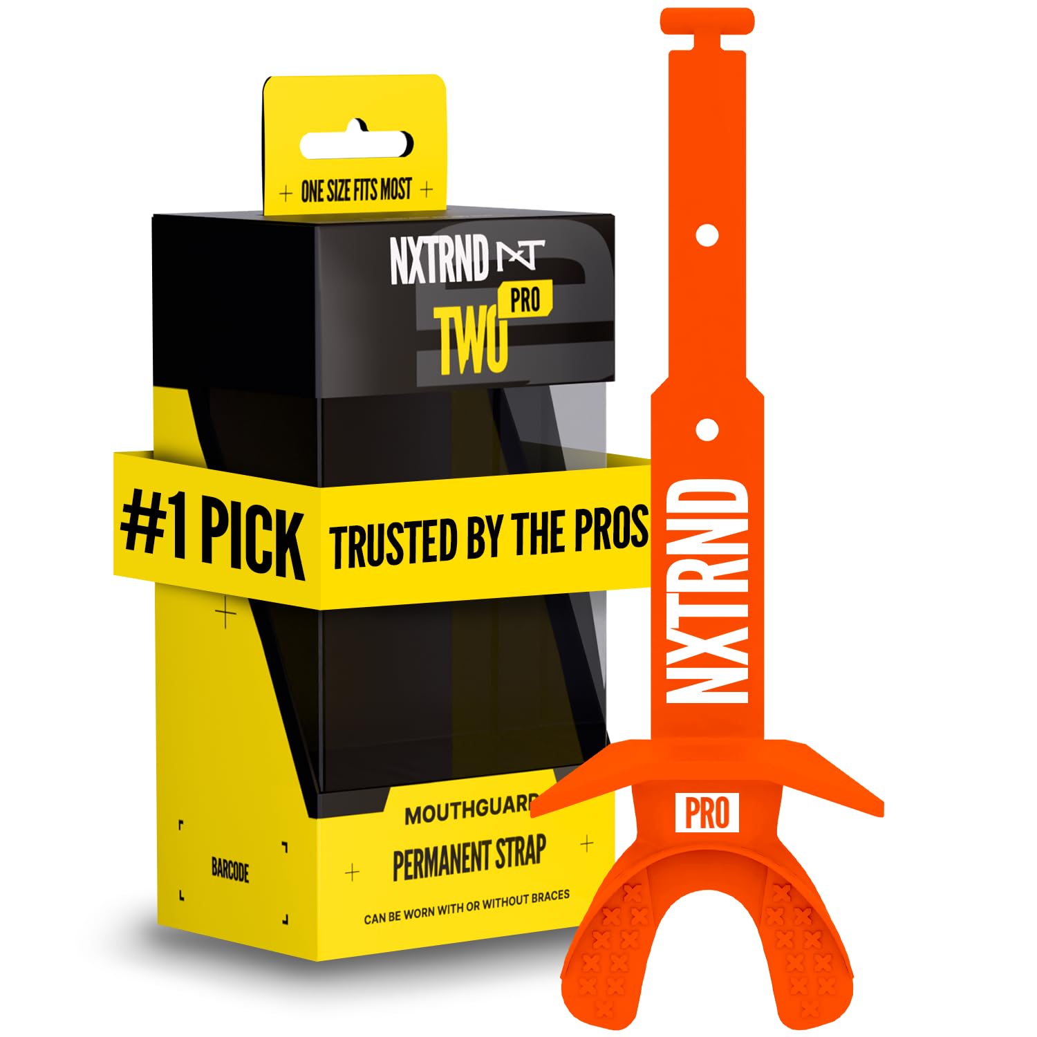 NXT NXTRND front view showing orange mouthguard and clear benefits of fit