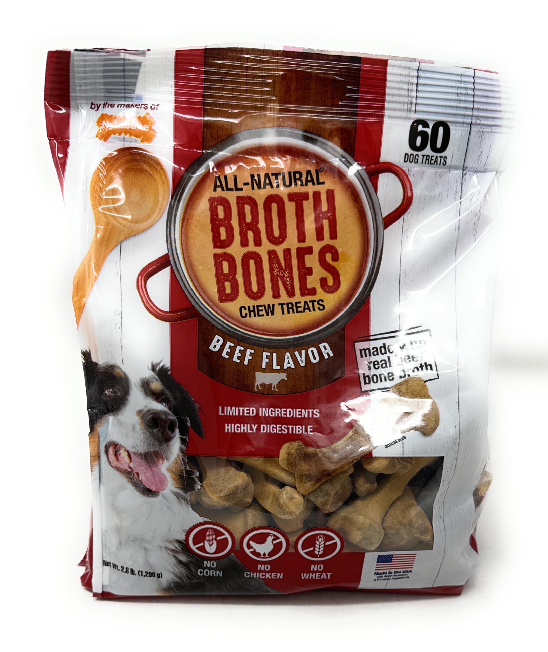 Nylabone front packaging showing 60-count bag and product benefits