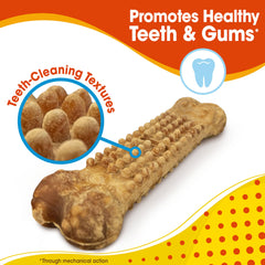 Nylabone chew next to hand to show small-dog size and safe fit
