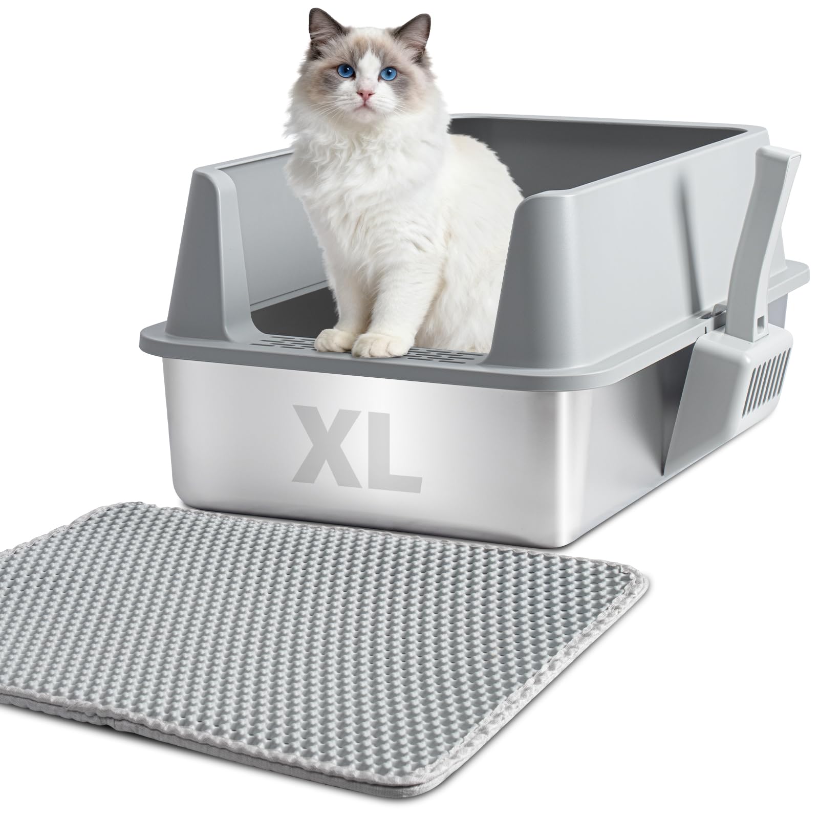 Nyutu front view of XL stainless litter box showing roomy interior and lid benefit containment