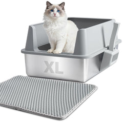 Nyutu front view of XL stainless litter box showing roomy interior and lid benefit containment