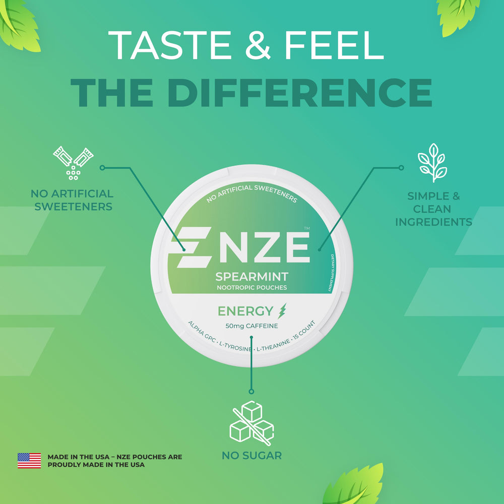 NZE spearmint pouch on desk near laptop for focus and productivity