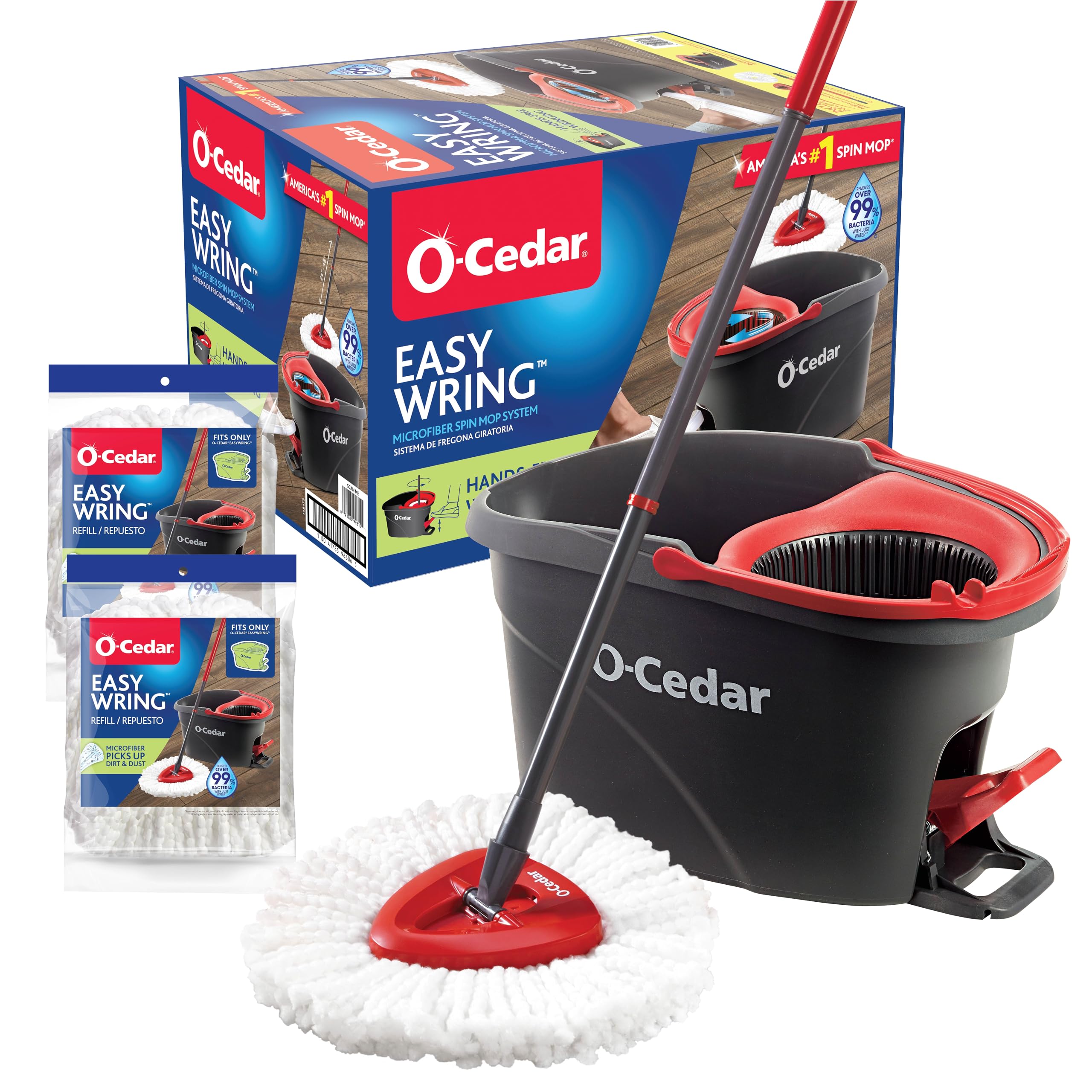 O-Cedar front packaging showing complete spin mop system and benefits